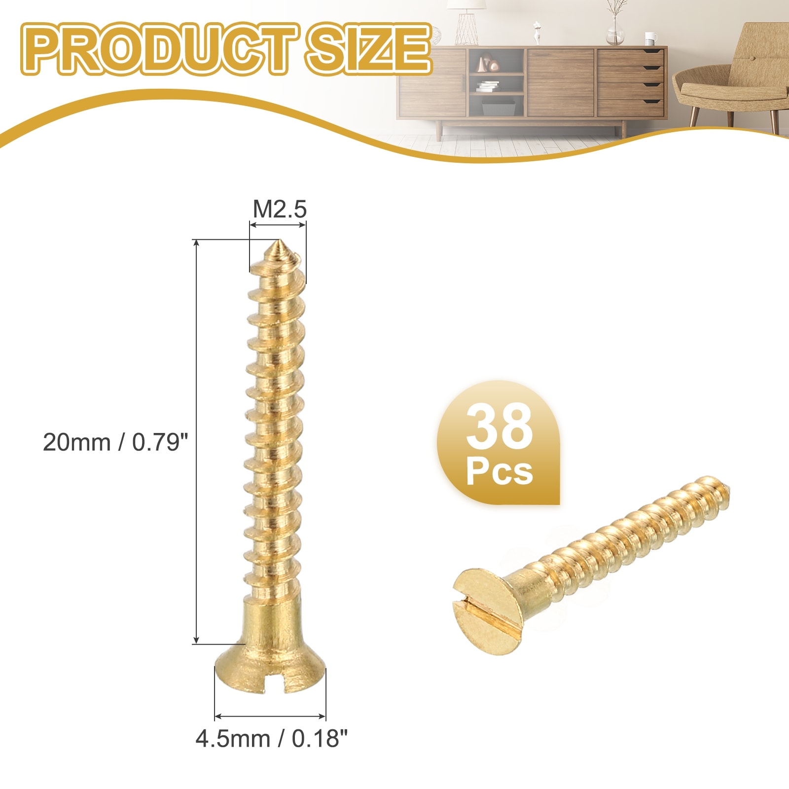 38Pcs Wood Screws, M2 x 8mm Brass Slotted Flat Head Self Tapping Screw - Gold