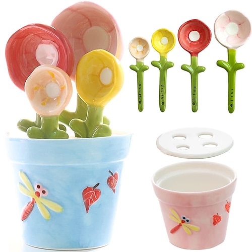 Blumenmesslöffel-Set – einzigartiges Backgeschenk – hübscher Messbecher und Messlöffel aus Keramik mit Halter – geeignet für trockene und flüssige Zutaten – spülmaschinenfest Image