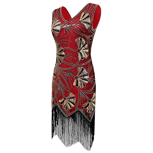 Goldene Zwanziger 1920er Knielang Flapper Kleid Ärmellos Der große Gatsby Pailletten Fransen V Ausschnitt Kostüm Damen Weihnachten Karneval Maskerade Retro-Mottoparty Charleston-Tanz Erwachsene Kleid Image