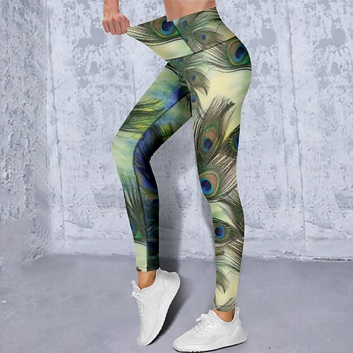 Damen Yogahose Po-Lifting Bauchkontrolle Hohe Taille Fitnesstraining Laufen Fitness Kurze Leggings Pfauenfeder Schwarz Gelb Grün Herbst Winter Sport Sportkleidung Hohe Elastizität Schmaler Schnitt Image