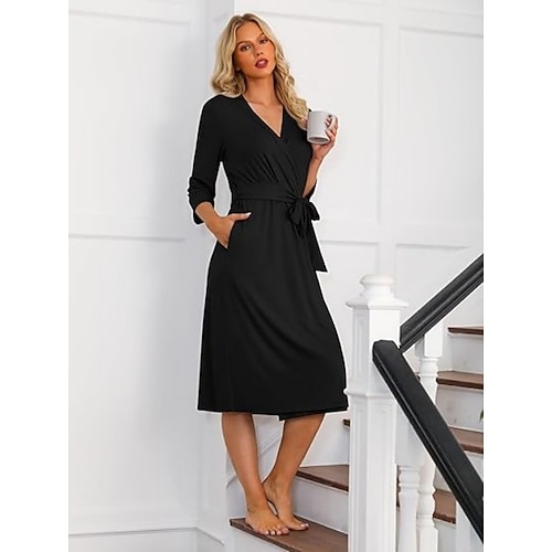 Vintatre Damen-Kimono-Bademantel, langer Strick-Bademantel, leichte, weiche Strick-Nachtwäsche, V-Ausschnitt, lässige Damen-Loungewear Image