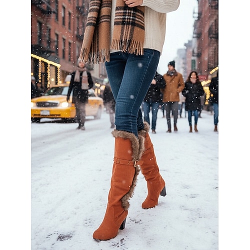 Grüne kniehohe Wildlederstiefel für Damen mit Kunstpelzbesatz – Schnallendetail, Blockabsatz, kuschelig und stylisch für Winter, Freizeit und Outdoor-Aktivitäten Image