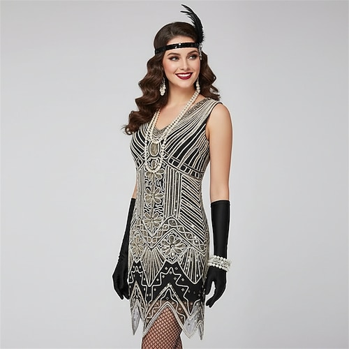 Set Retro Vintage Goldene Zwanziger 1920er Mini Flapper Kleid Kleid Outfits mit Zubehör Ärmellos Der große Gatsby Hochzeitsgast Pailletten V Ausschnitt Kostüm Damen Party / Abend Abendgesellschaft Image