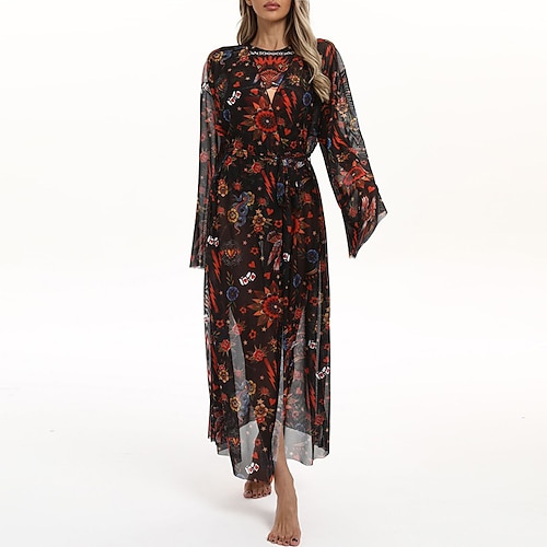 Damen Strandkleid Lange, fließende Kimono-Cardigans Grafik Boho Kurzes Bein Chiffon UV Schutz Atmungsaktiv Langarm Bademode Surfen Strand Urlaub Sommer Image