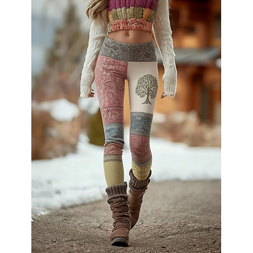 Damen Leggings Gemütliche Leggings Urlaub Vintage Ethno-Stil Volle Länge Hohe Taille Blumen Baum Drucken Bequem Dehnbar Lässig Täglich Urlaub Rosa Frühling Herbst Schmale Passform Image