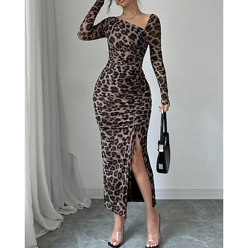 Damen Midikleid Etui-Kleid Druckkleid Modern Outdoor Urlaub Ferien Normale Passform Leopard Langarm Rundhalsausschnitt Rote Braun Khaki Herbst Winter