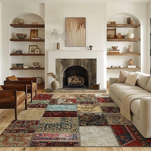 Vintage-Patchwork-Teppich, weicher Stoff, Imitationsteppich, stilvolles Wohnzimmerdekor, Boutique-Laden-Fußmatte, Heim-, Arbeits-, Balkon-Akzentteppich, strapazierfähig, pflegeleicht Image