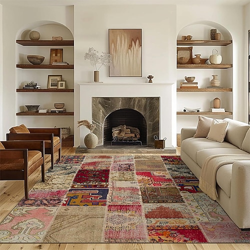 Vintage-Patchwork-Teppich, weicher Stoff, Imitationsteppich, stilvolles Wohnzimmerdekor, Boutique-Laden-Fußmatte, Heim-, Arbeits-, Balkon-Akzentteppich, strapazierfähig, pflegeleicht Image