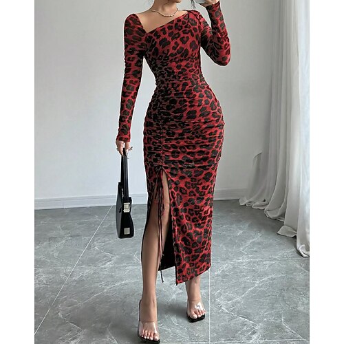 Damen Midikleid Etui-Kleid Druckkleid Modern Outdoor Urlaub Ferien Normale Passform Leopard Langarm Rundhalsausschnitt Rote Braun Khaki Herbst Winter