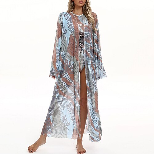 Damen Strandkleid Lange, fließende Kimono-Cardigans Grafik Boho Kurzes Bein Chiffon UV Schutz Atmungsaktiv Langarm Bademode Surfen Strand Urlaub Sommer Image