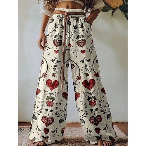 Damen Weites Bein Urlaub Vintage Ethno-Stil Volle Länge Hohe Taille Blumen Grafik Unelastisch Urlaub Formell Straße Dunkelbraun Beige Weiß Sommer Frühling Lässiger Schnitt Image