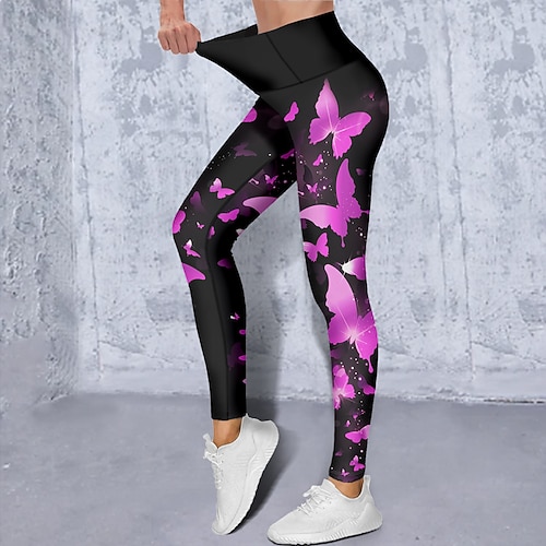 Damen Yogahose Po-Lifting Bauchkontrolle Hohe Taille Fitnesstraining Laufen Fitness Kurze Leggings Schmetterling Gelb Rot Blau Herbst Winter Sport Sportkleidung Hohe Elastizität Schmaler Schnitt Image