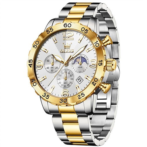 Die neue Olevs Herren-Businessuhr verfügt über eine leuchtende Mondphasenanzeige, drei Zeiger, ein multifunktionales digitales Zifferblatt und ein Quarzwerk mit großem Zifferblatt. Sie ist modisch, Image