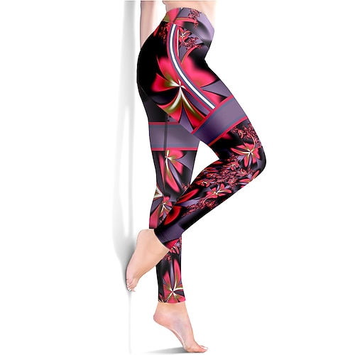 Damen Yogahose Po-Lifting Bauchkontrolle Hohe Taille Fitnesstraining Laufen Fitness Kurze Leggings Blumenmuster Rosa Rot Blau Herbst Sport Sportkleidung Hohe Elastizität Image