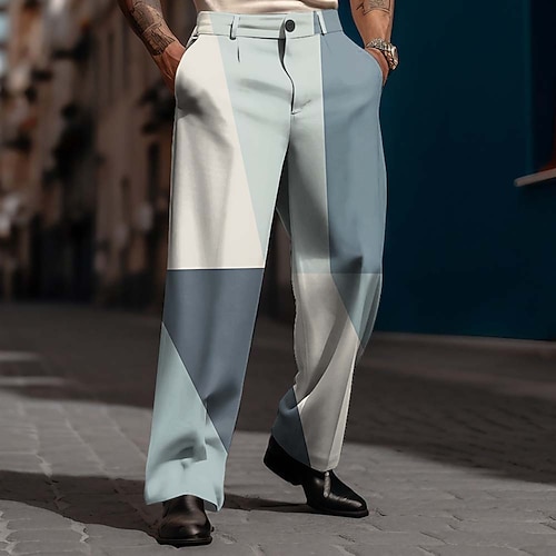 Herren Geometrisch Farbblock Hose Anzughose Mittlere Taille Business-Casual Outdoor Alltagskleidung Relaxed Fit Anzughose mit flacher Vorderseite und Seitentaschen Frühling Herbst 3D-Druck Blau Image