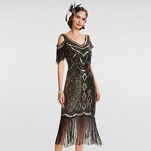 Set Retro Vintage Goldene Zwanziger 1920er Knielang Flapper Kleid Kleid Outfits mit Zubehör Kalter Schulter-Ärmel Der große Gatsby Hochzeitsgast Pailletten Quastenfransen V Ausschnitt Kostüm Damen Image