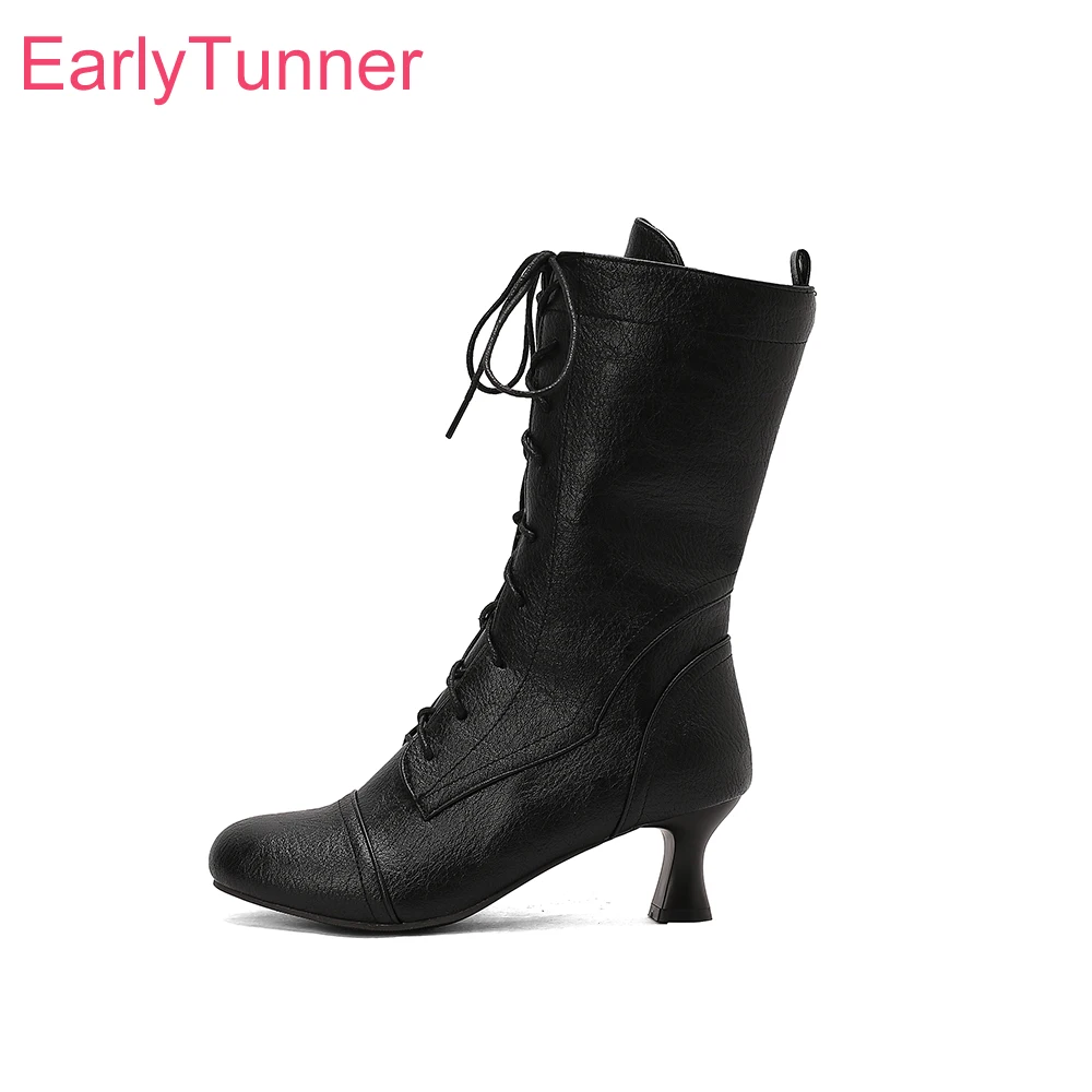 2025 neue Winter Glamour Schwarz Grün Frauen Mitte Wade Stiefel Schnüren High Heel Dame Schuhe Plus Große Größe 13 42 45 50