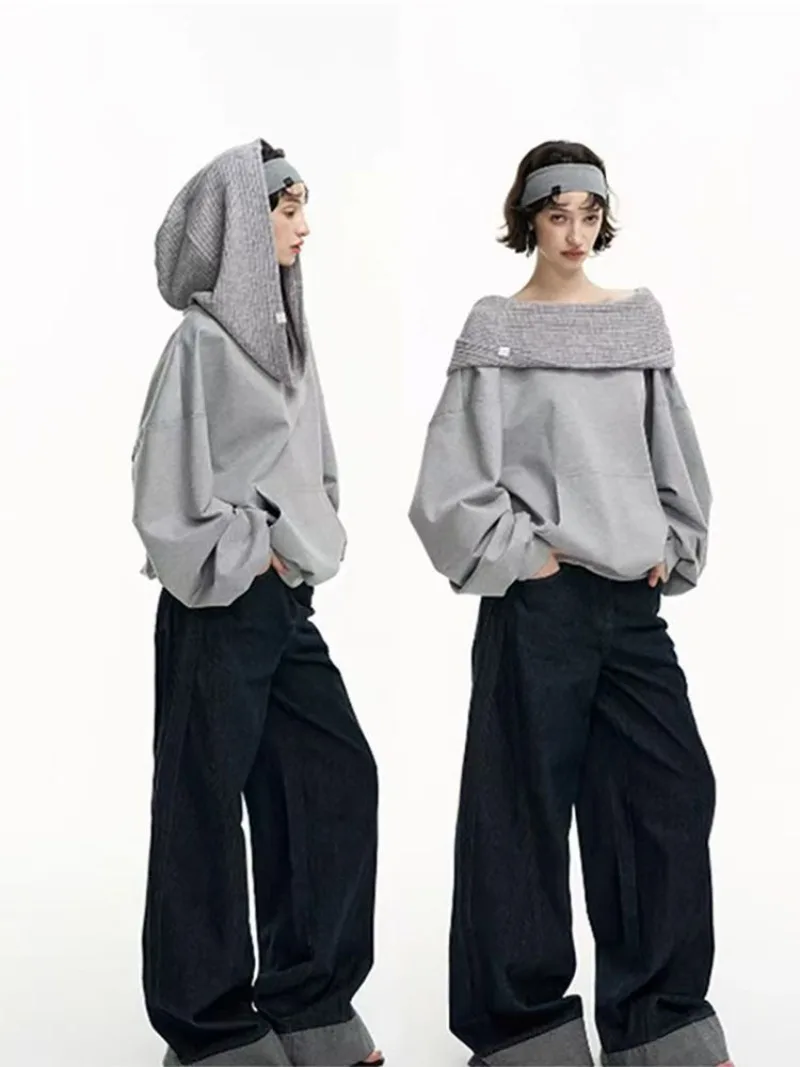 Streetwear one-shoulder retro fashion hooded women clothing Y2K hip-hop fashion trend casual sweatshirt personality loose hoodie