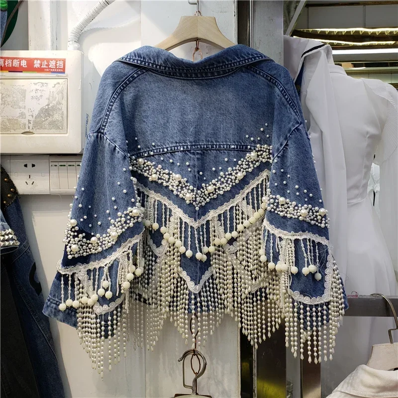 Vintage Blau Schwere Arbeit Perlen Quasten Denim Jacke Frauen Cowboy Oberbekleidung Lose Kurze Hülse Mit Drei Vierteln Jeans Jacke Weibliche