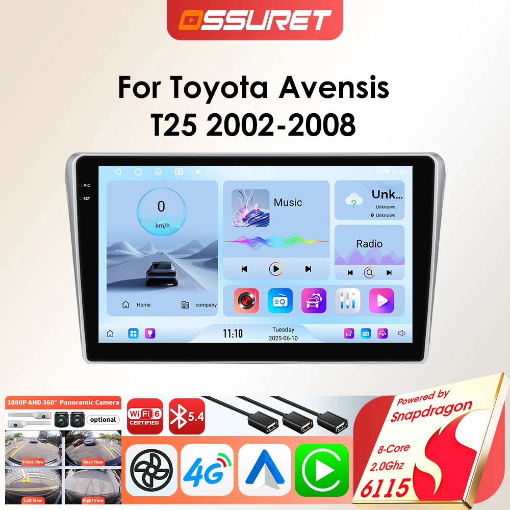 OSSURET Android-Autoradio-Player für Toyota Avensis T25 2002–2008 Carplay Auto GPS 2DIN 8core Car Multimedia von Snapdragon 6115 Image