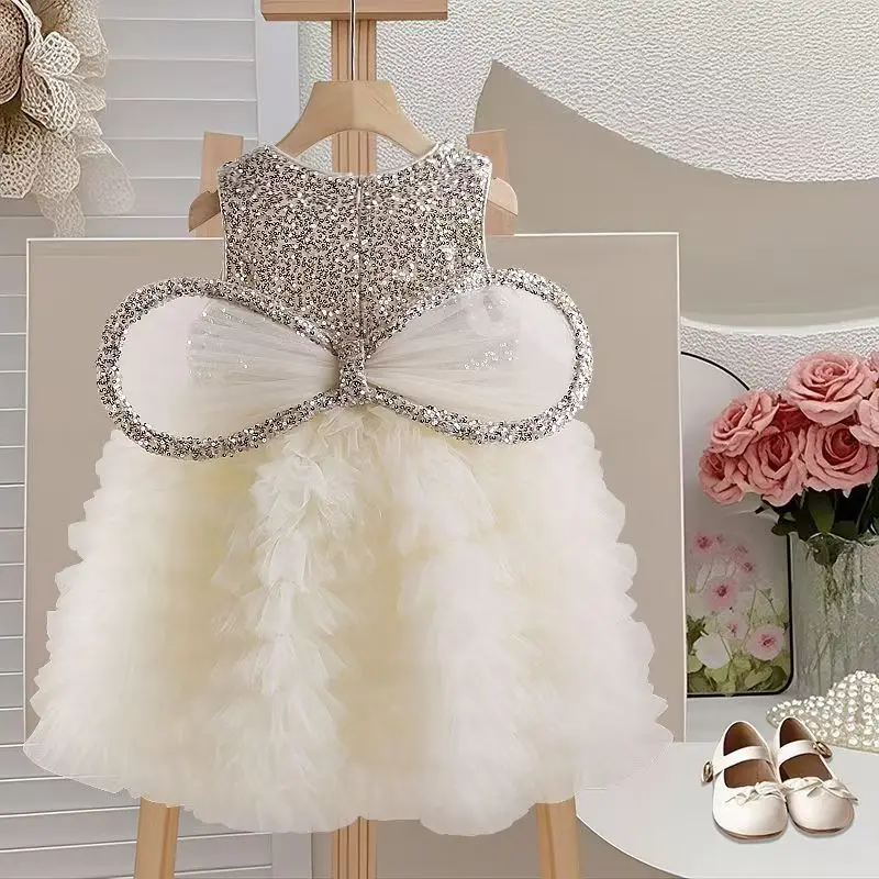 Baby Mädchen Pailletten Weste Kleid Sommer Neue Kleinkind Zurück Bogen Vestidos Prinzessin Kinder Mode Geburtstag Party Mesh Ballkleid 1-5Y Image