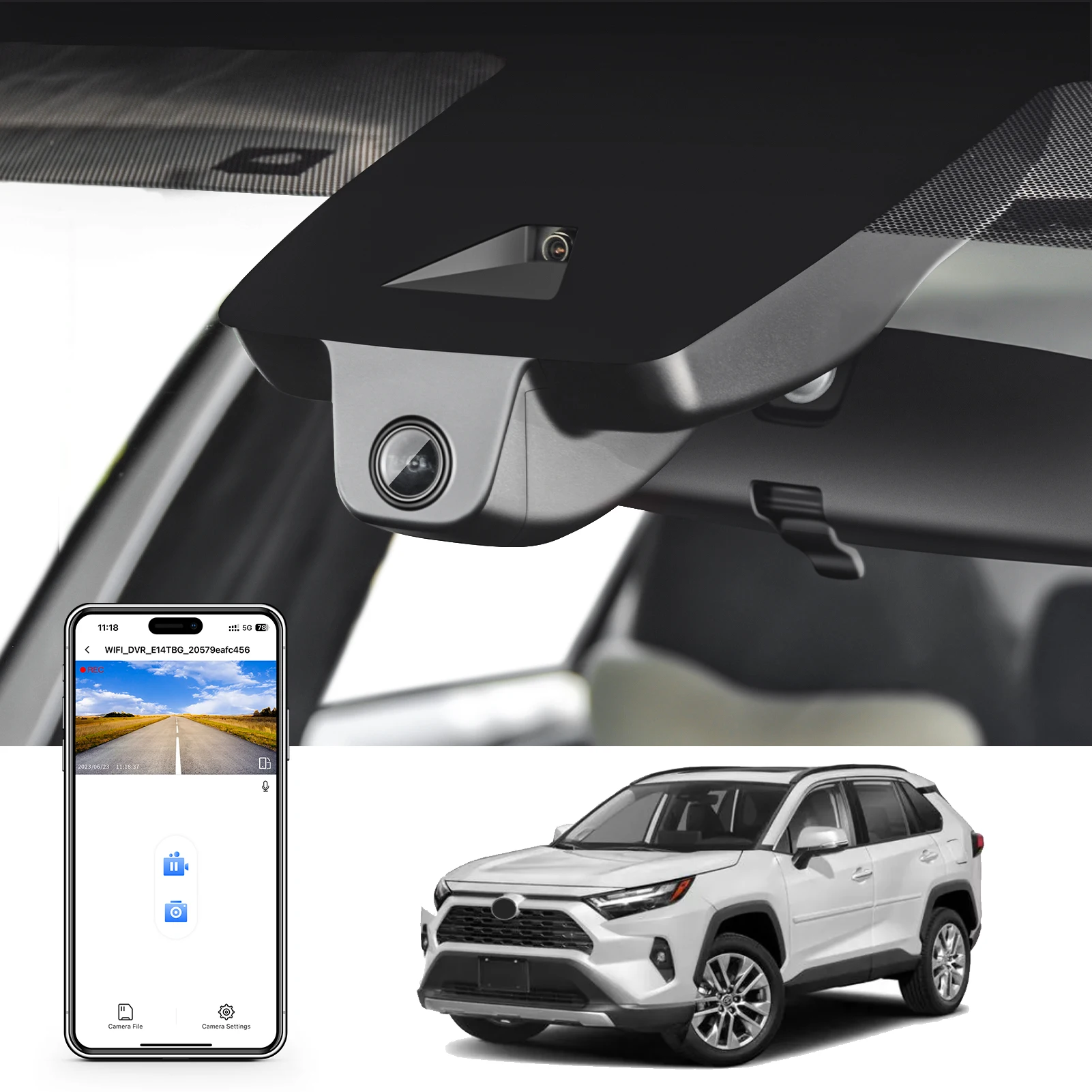 Caméra embarquée 4K compatible avec Toyota RAV4 & RAV4 5ème génération XA50 Hybride 2022-2025 (Modèle B) Enregistreur vidéo de voiture WiFi & APP GPS DashCam
