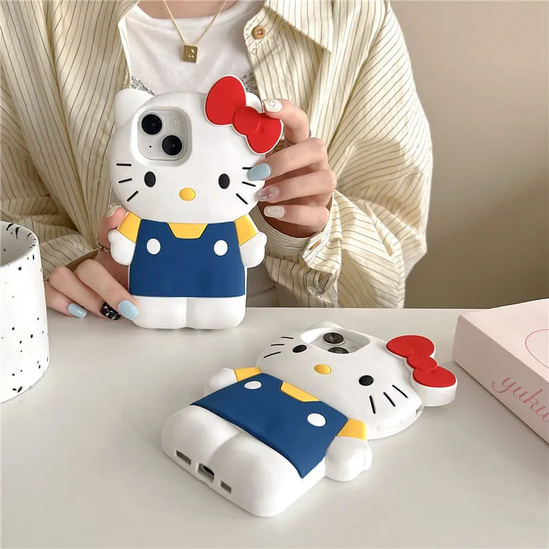 Coque arrière en silicone avec bretelles bleues pour iPhone, Hello Kitty Cartoon, coque de téléphone de luxe, cadeau de couple, iPhone 12, iPhone 13 Pro, iPhone 11, iPhone 14, iPhone 15 Pro Max,