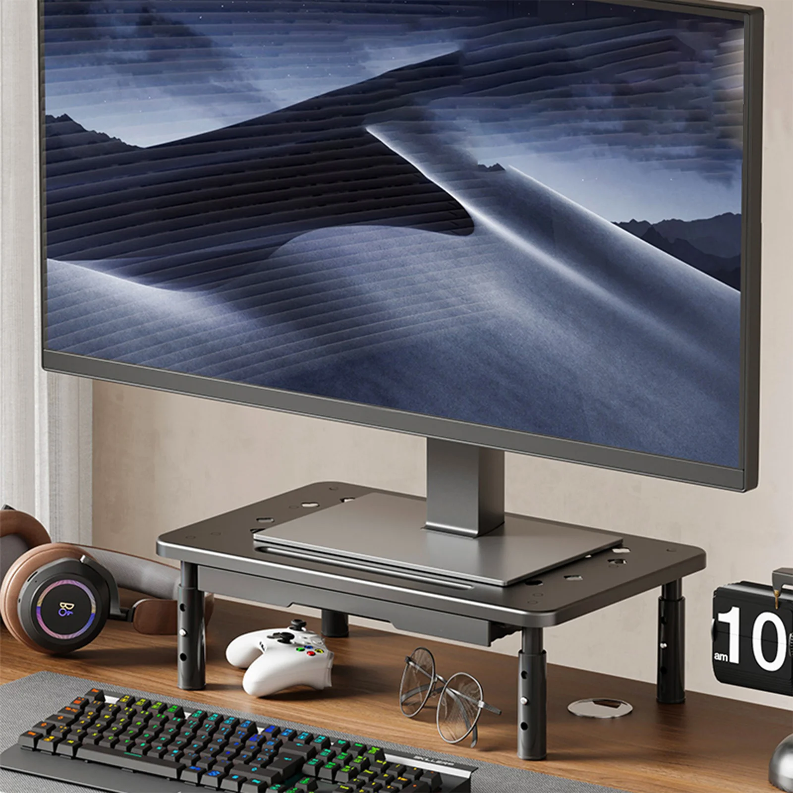 Computer-Monitorständer, 3, höhenverstellbarer Monitor-Riser mit Luftstromöffnungen, Schreibtisch-Organizer für Monitor, Laptop, PC, Drucker Image