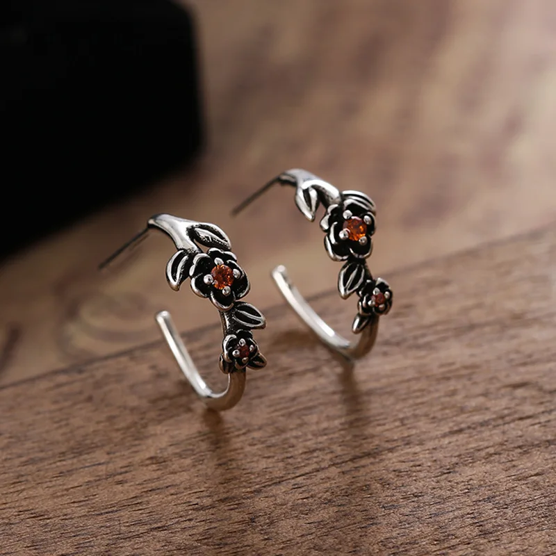 Neue 925 Sterling Silber Ohrstecker Rose Blume Vintage Blatt Zweig Punk Für Frauen Mädchen Geschenk Schmuck Dropshipping Großhandel