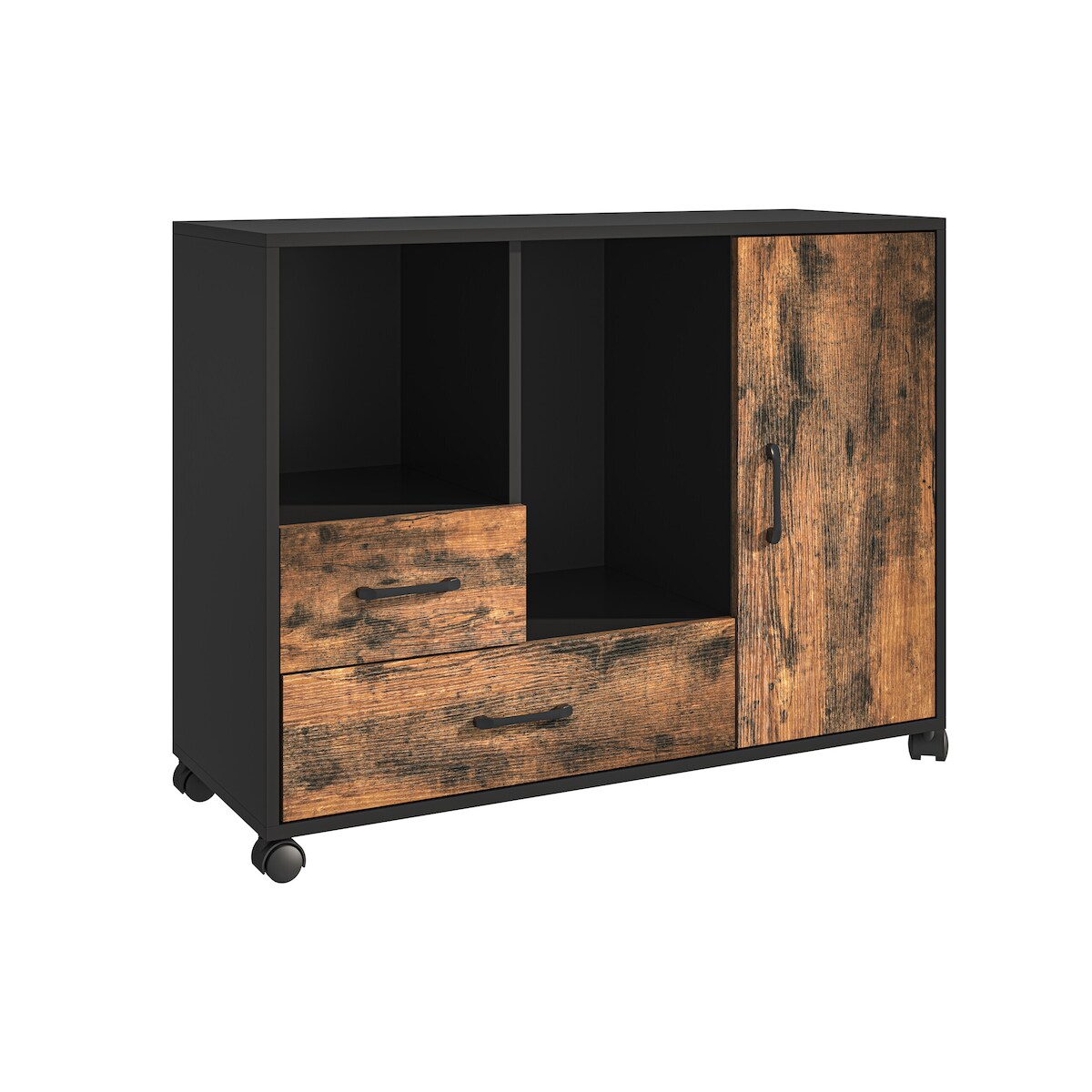 Relaxdays Rollcontainer 2 Schubladen, 4 Fächer, HBT: 70x90x35 cm, Rollwagen mit Tür, Büroregal Industrial, braun/schwarz Image