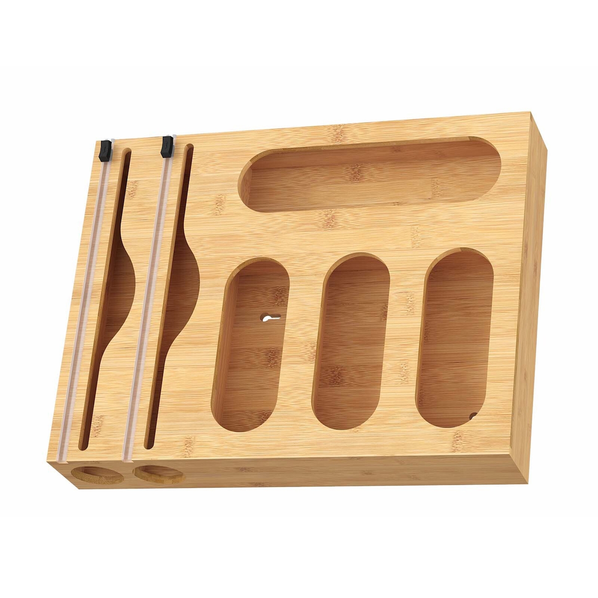 Relaxdays Folienspender 6 in 1, Frischhalte-, Alufolie, Gefrierbeutel, Bambus, Wand & Schublade, 43,5x33,5x7,5 cm, natur Image