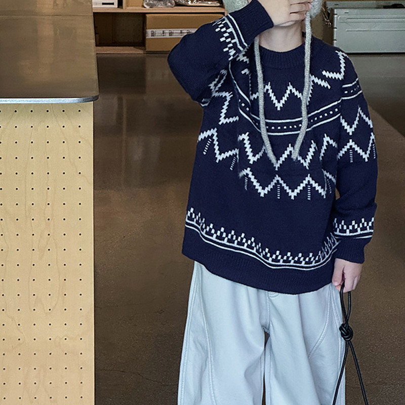 Kids Boys' Pullover Sweater Geometric Long Sleeve Keep Warm Outdoor Fashion Navy Blue Fall Clothes 4-12 Years