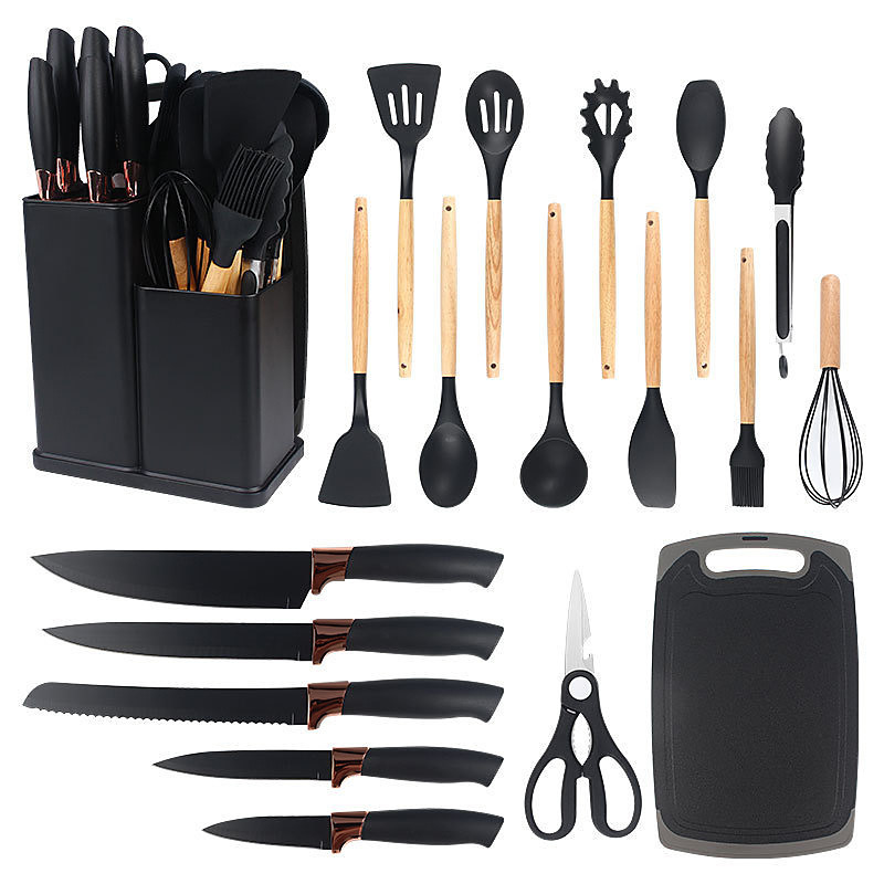 A 19-piece kitchen cookware and knife set with building blocks, including an 11-piece silicone cookware set, 5 sharp stainless steel chef's knives, mixing tongs, and a cutting board