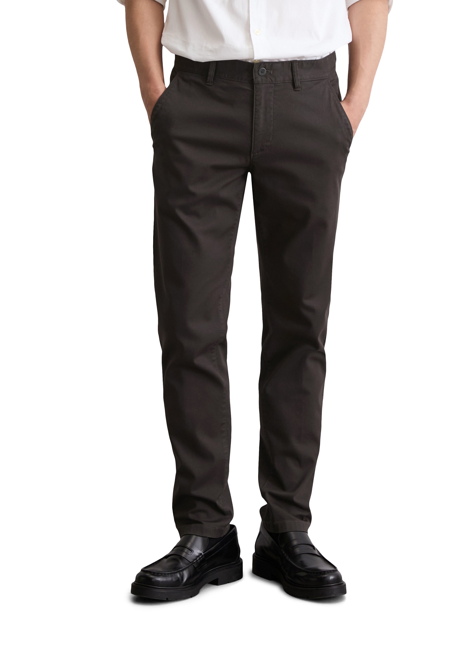 Chinohose MARC O'POLO "aus Bio-Baumwoll-Mix", Herren, Gr. 40, Länge 34, grau (broken graphite), Obermaterial: 98% Baumwolle, 2% Elasthan, unifarben, figurbetont normal, Hosen Chinohose