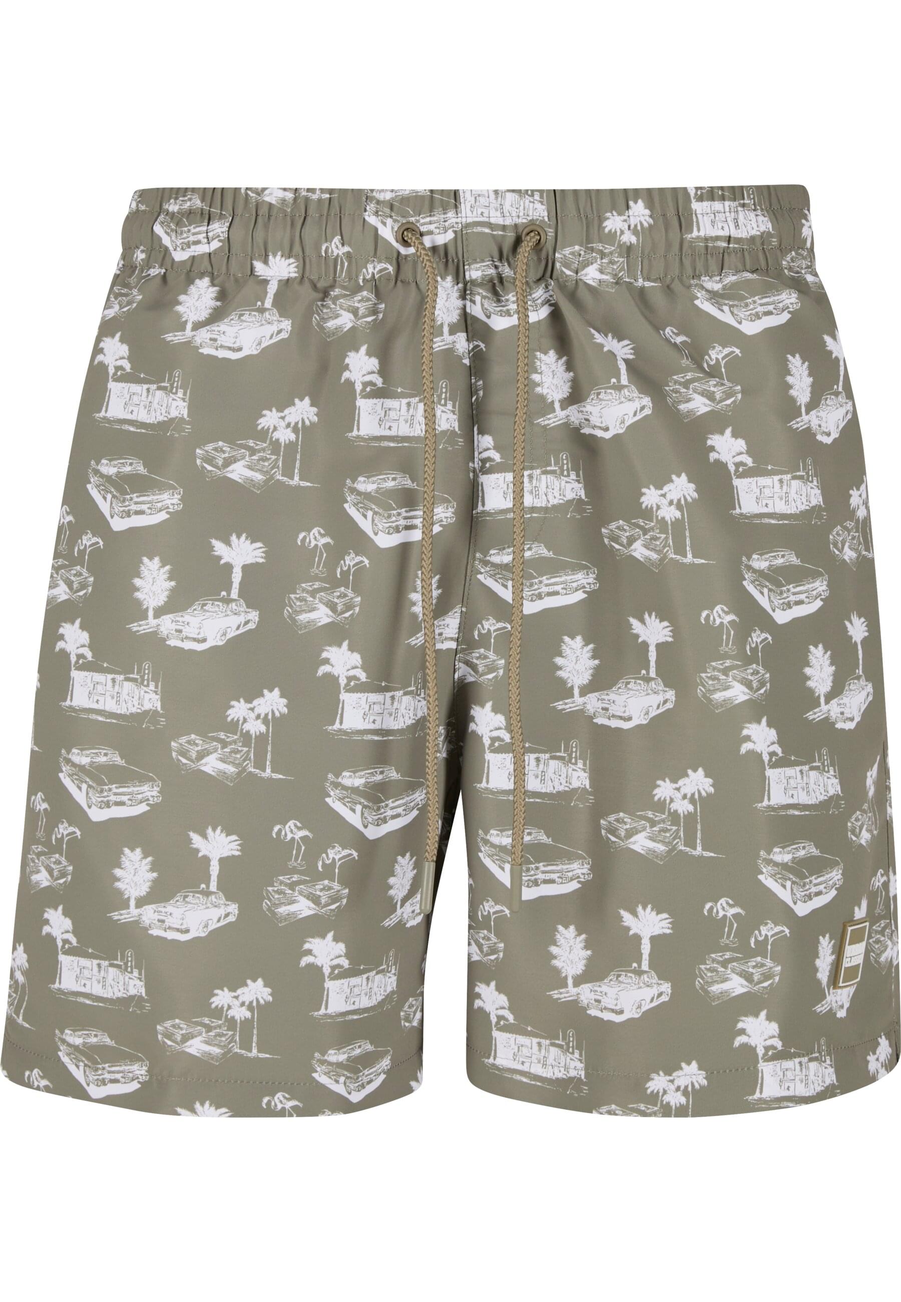 Badeshorts URBAN CLASSICS "Urban Classics Herren Pattern Swim Shorts", Herren, Gr. M, US-Größen, paleolive, weiß, 100% Polyester, Badehosen Badeshorts