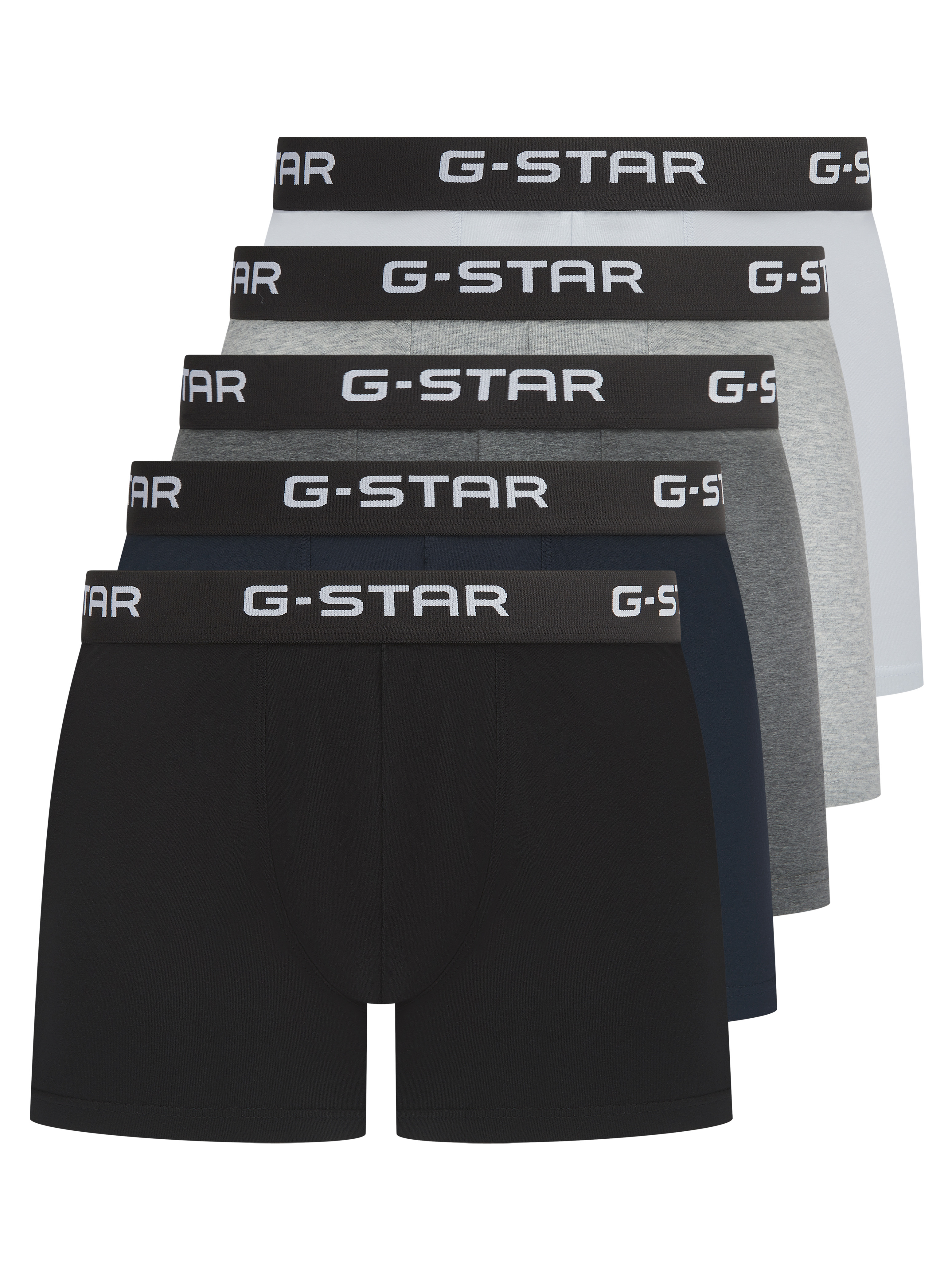 Boxershorts G-STAR "MAIZE, 5 PACK TRUNKS", Herren, Gr. XL, 5 Stk., schwarz, dunkelgrau marl, hellweiß, grau marl, navy, Jersey, Obermaterial: 95% Baumwolle, 5% Elasthan, unifarben, eng, Unterhosen, mit Logobund