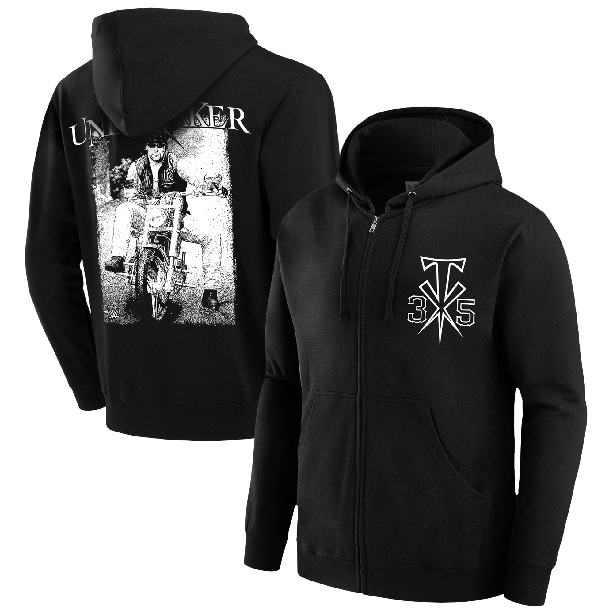Schwarzer Herren-Hoodie mit durchgehendem Reißverschluss und Foto von The Undertaker (35 Jahre Biker-Motiv). Image