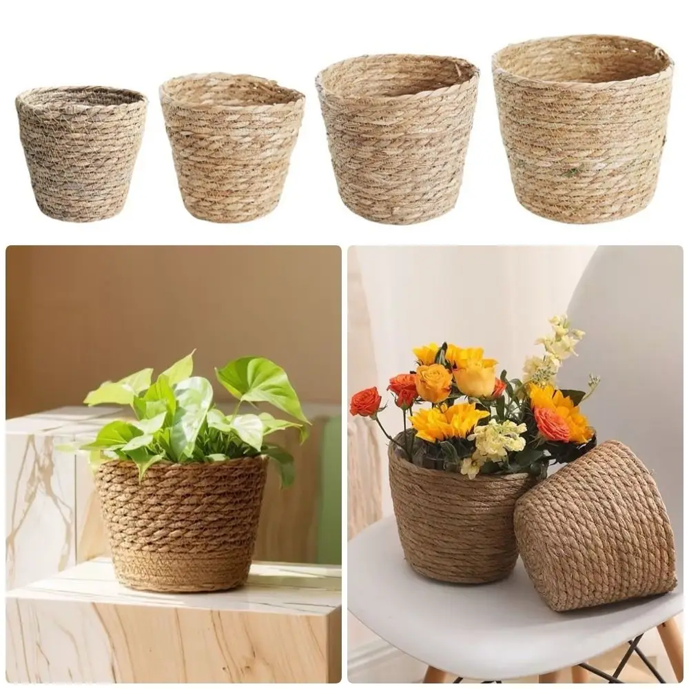 Garten Terrassen Blumentopf Korb Multifunktionale Lagerung Korb Rattan Stroh Pflanzer Korb Gras Gewebt Blumentopf Dekoration Image