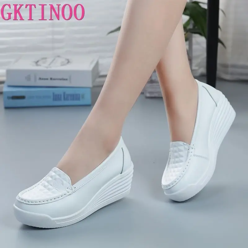 GKTINOO Neue frauen Echtes Leder Turnschuhe Plattform Schuhe Keile Weiß Dame Casual Schuhe Schaukel mutter Schuhe Größe 34-40