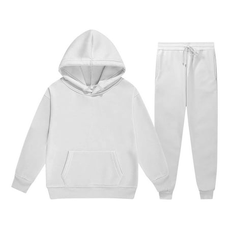 Pandaie 2-13T Girls Boys 2 Piece Outfits Kids Hoodie Sweatsuit Sets Athletic Tracksuit Hooded Sweatshirt and Jogger Sweatpants Clothing with Pocket White