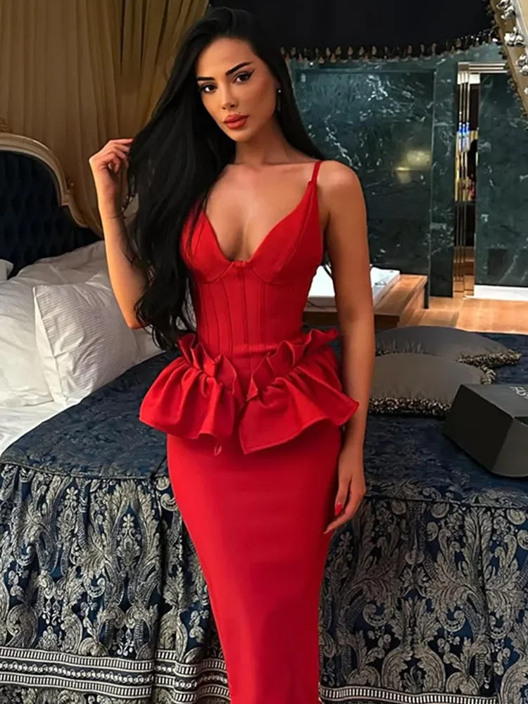 2025 Top Frauen Promi Sexy V-ausschnitt Rüschen Rot Maxi Lange, Figurbetontes Verbandkleid Elegante Abend Club Party Outfit