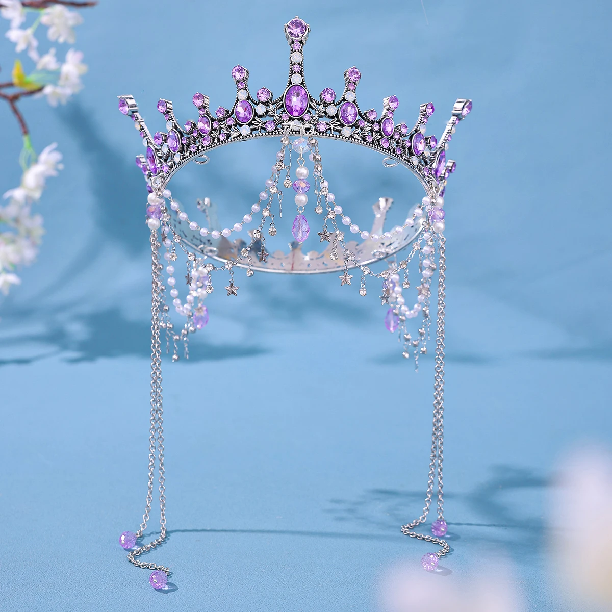 Barock Vintage Lila Kristall Tiaras Kronen Handgefertigte Quaste Perlen Prinzessin Königin Diademe Hochzeit Braut Haarschmuck Image