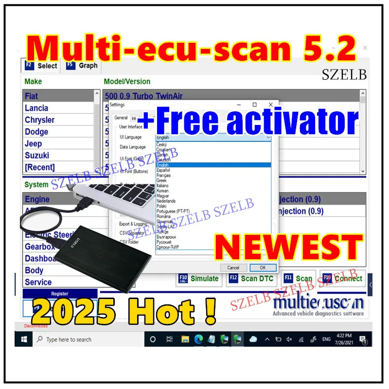 Neueste Multiecuscan V5.2 registrierte unbegrenzte Keygen für Fiat Scanner Multi Ecu Scan funktioniert für ELM327 OBDII Diagnosetool Image