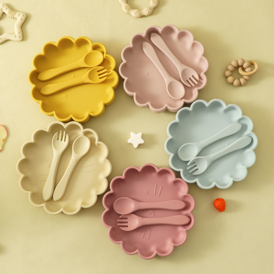 Cute Lion Shape Suction Plate Baby Silicone Tableware Set Solid Color Spoon Fork Feeding Training Baby Dinner Set grey Blue