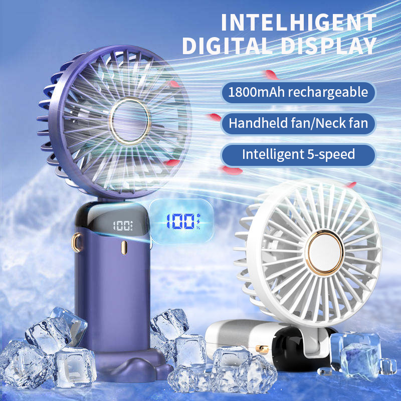 Handheld Mini Fan, Fold Able Portable Neck Hanging Fan, USB Rechargeable Fan With Phone Stand And Display Screen white