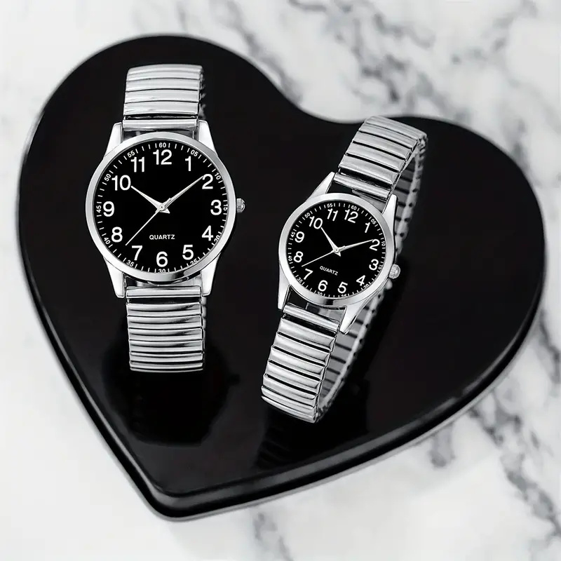 Black Alloy Arabic Numerals Watch Set, Elastic Band Quartz Lovers Watch Gift Set For Men And Women woman