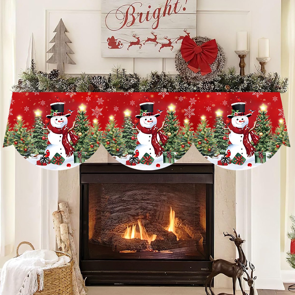Red Christmas Fireplace Mantel Scarf, Table Cover Xmas Ornaments, Snowman Navidad Natal New Year Gifts For Home Red Christmas Fireplace Mantel Scarf, Table Cover Xmas Ornaments, Snowman Navidad Natal New Year Gifts For Home