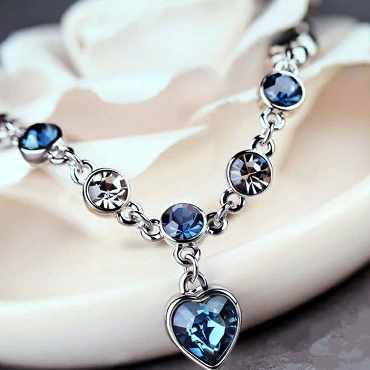 Blue Crystal Heart Charm Bracelet For Women, Silver Color Lucky Pulseras Bracelet, Bridal Wedding Engagement Blue Crystal Heart Charm Bracelet For Women, Silver Color Lucky Pulseras Bracelet, Bridal Wedding Engagement