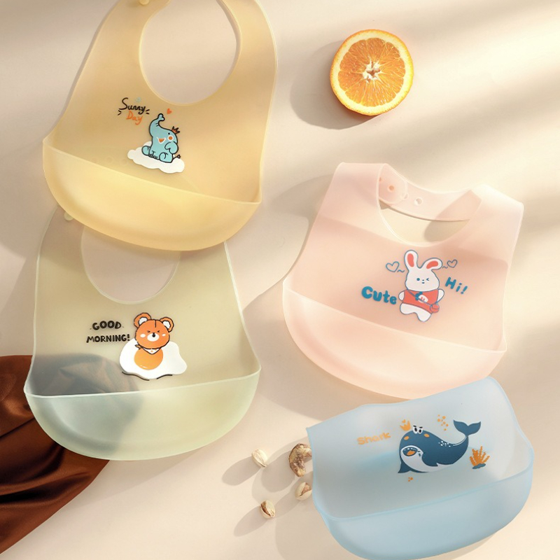 Kids Bib Girl Boy Adjustable Soft Silicone, Waterproof Baby Bibs, Baby Stuff Cute Cartoon Animal Printed Bib Baby blue