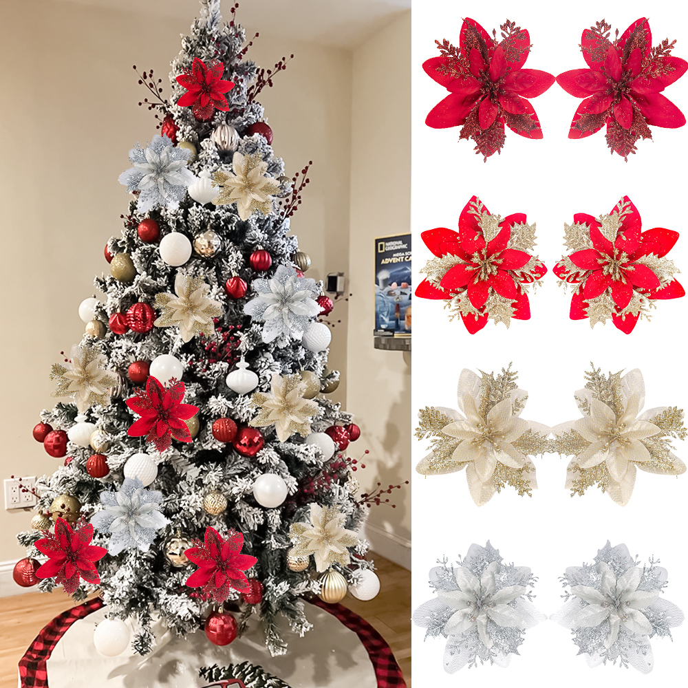 Christmas Tree Ornaments, Red Golden Silver Poinsettia Artificial Flowers, Xmas New Year Party Decoration style c 20pcs